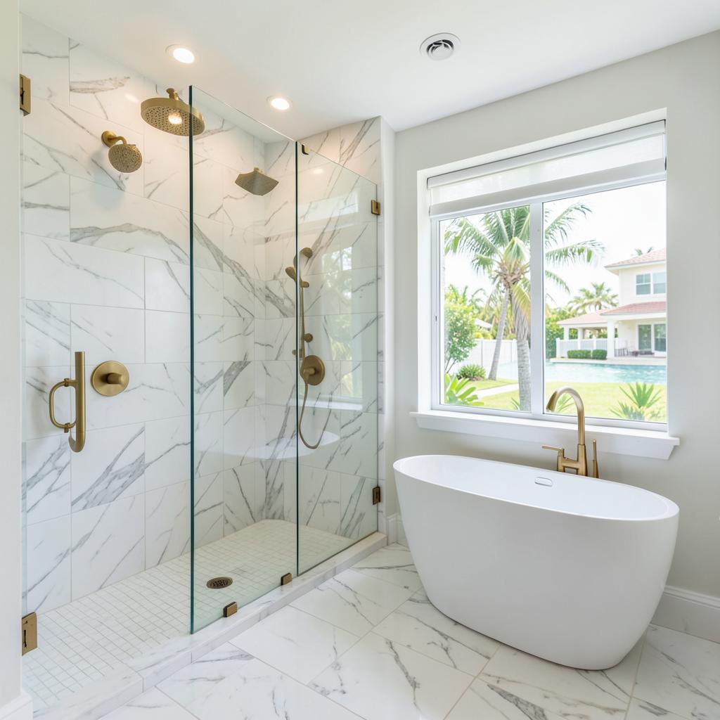 Remodeled master bathroom in Naples with walk-in marble-look tile shower, brushed gold fixtures and freestanding tub